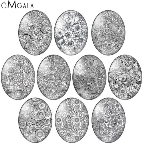 White Black Paisley Flowers Patterns 10pcs 13x18mm/18x25mm/30x40mm Oval photo glass cabochon demo flat back Making findings