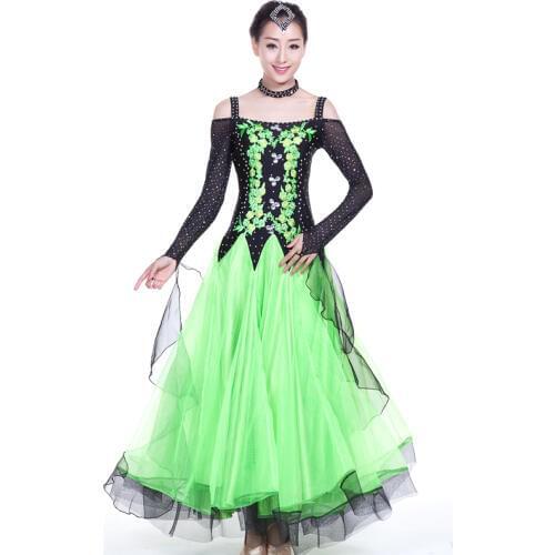 2017 standard Ballroom Dance Dress Dew Shoulder Tango Waltz Costume Long Sleeve 5 Color salsa dancing Modern Dress Free Shipping