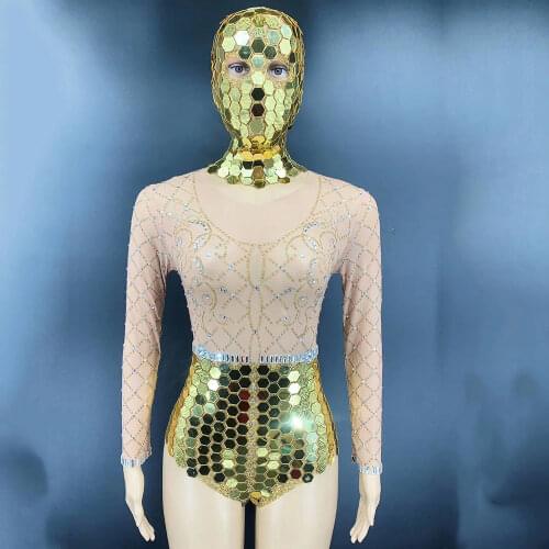 Sparkly Embellished Diamond Print See Though Gauze Bodysuit Shining Sequined Tight Stretch Jumpsuits Prom Outfit Bar Dance Wear