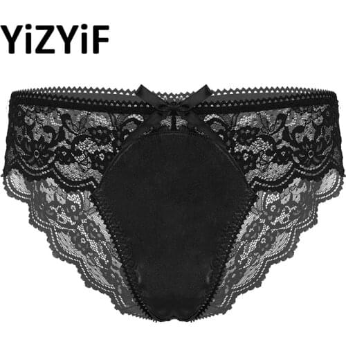 Men Sissy Briefs Satin Patchwork Underwear Sissy Nightwear See-through Floral Lace Lingerie Underpants Male Low Waist Briefs