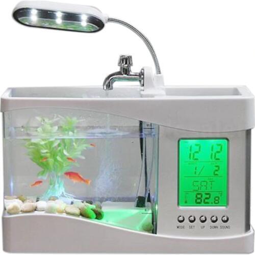 Home Aquarium Small Fish Tank USB LCD Desktop Lamp Light LED Clock White