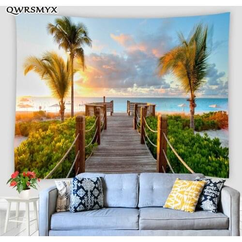 Ocean Scenery Tapestry Coconut Tree On The Beach Trestle Under The Sun Natural Landscape Wall Hanging Home Decor Wall Tapestries