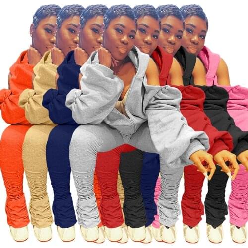 Sexy Hoodie 2 PCS Set Backless Puff Sleeve Zipper Top + High Waist Long Stacked Pants Plus Size Tracksuit Fall Party Clubwear