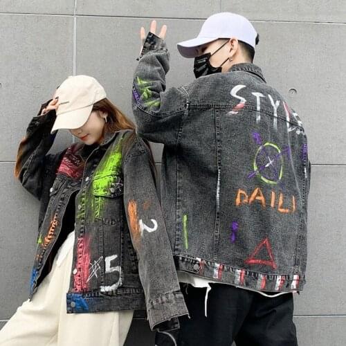 Hand-painted graffiti denim jacket spring Autumn new color printing jacket for lovers Female High quality Loose Jeans Coat Y679