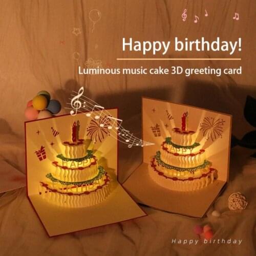 Music Happy Birthday Card Girl Kids Wife Husband 3D Birthday Cake Pop-Up Greeting Cards Postcards Gifts Blessing Card