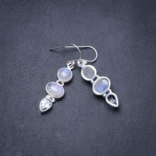 Natural Rainbow Moonstone and Blue Topaz Handmade Unique 925 Sterling Silver Earrings 1" Y2955