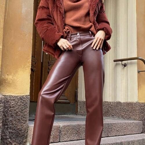Autumn Winter Womens PU Pants High Waist Loose Wide Leg Leather Long Trousers Woman Casual Streetwear Female Pant Solid 2021
