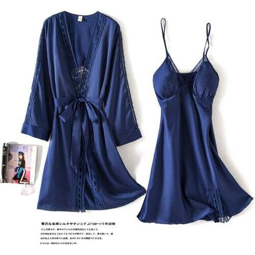 Sexy Lace Sleep Lounge Nightwear Bathrobe+Night Dress Spring Summer Women Satin Robe & Gown Sets With Chest Pads