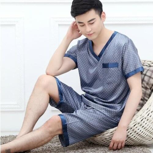 Plus Size Satin Silk Plaid Pyjamas Mens Pajamas Sets T-shirt+Shorts Male Pijama V-Neck Sleepwear Leisure Home Wear Mansleepwear