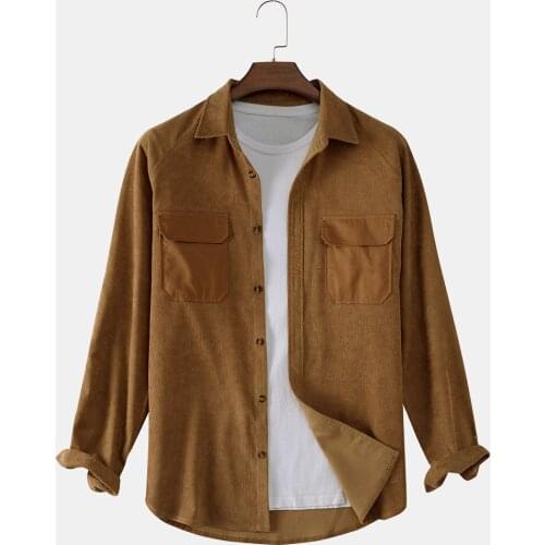Mens Corduroy Patchwork Khaki Long Sleeve Shirt Fall Fashion Casual Loose High Quality High Street Lapel Shirt Mens Clothing