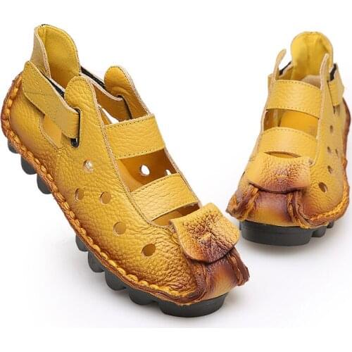 Summer High Quality Soft Bottom Flat Leather Shoes Personality Casual Women Sandals Tunnel Vintage Handmade Sandals woman flats