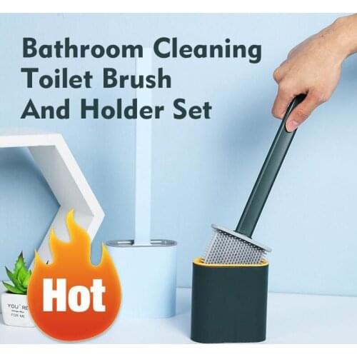 Toilet Brush Water Leak Proof With base Silicone Flat Head Flexible Soft Bristles Brush with Quick Drying Holder Set Wc borstel