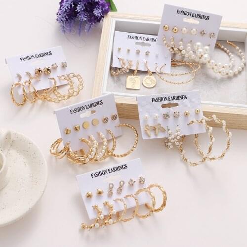 KISS WIFE Vintage Big Pearl Hoops Earrings Set For Women Geometric Crystal Metal Stud Earrings 2021 Trend Fashion Jewelry Sets