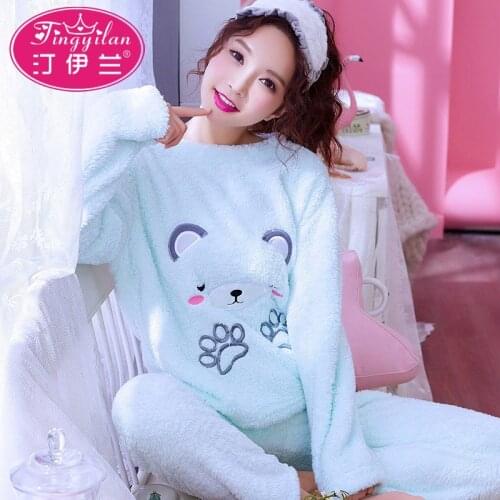 Lady Warm Flannel Pajama Female Autumn Winter Thick Sleepwear Flannel Suit Warm Homewear Plus Size Coral Velvet Pajama D-1082