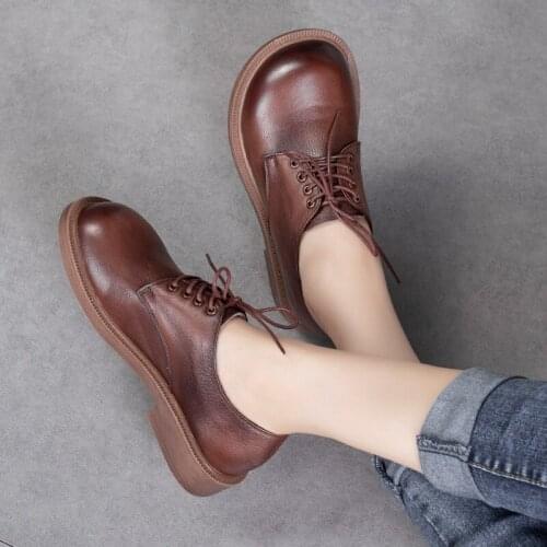 Retro Genuine Leather Womens Shoes Big Head Leather Shoes Round Toe 2021 Spring and Autumn Models Cowhide Womens Singles Shoes