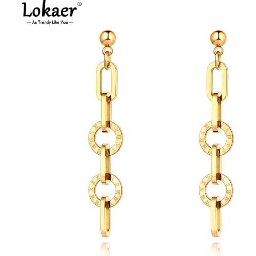 Lokaer Trendy Titanium Stainless Steel Geometry Chain Link Earrings Bohemia Roman Numerals Dangle Earrings For Women Girl E21002