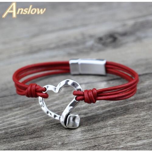 Anslow Fashion Jewelry Vintage Retro Handmade DIY Charm Heart Leather Magnetic Bracelet For Women Men Black Friday LOW0742LB