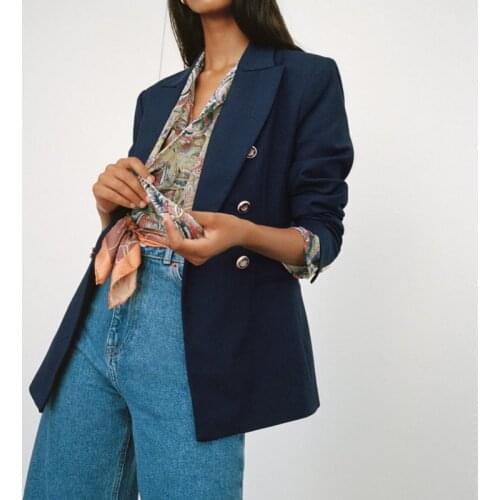 2021 New Women Spring Autumn Ofise Double Breasted Buttons Designer Blazers Office Lady Business Navy Work Jackets OL Coats Suit