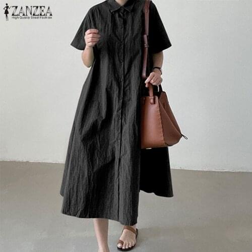 Summer Lapel Neck Short Sleeve Sundress 2021 ZANZEA Women Elegant Casual Solid Buttons Dowm Loose Vestidos Work OL Shirt Dress