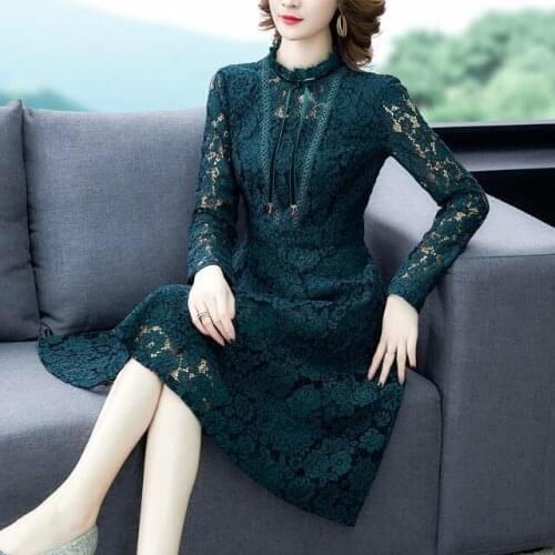 2021 Spring Fall Womens Stand Collar Slim Green Lace Dress , Woman Clothes 3xl Vintage Dresses