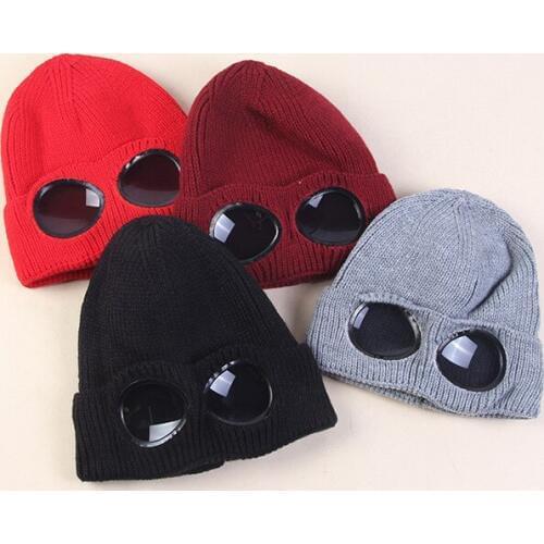 Winter Warm Men Beanie Hat with Glasses Cap Knitted Women Adult Unisex Casual Solid Acrylic Beanie Ladies Outdoors Watch Bonnet
