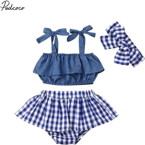 2019 Brand Newborn Infant Baby Girl Clothes Strap Vest Ruffle Crop Tops Plaid Tutu Skirt 3PCS Outfits Cute Children Set 0-3Y