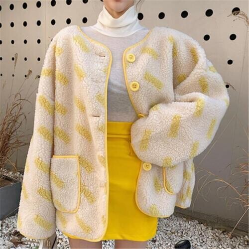 2020 Autumn Winter New Style Warm Cashmere Coat Contrast Color Single-breasted yellow Korean Winter Tops For Women