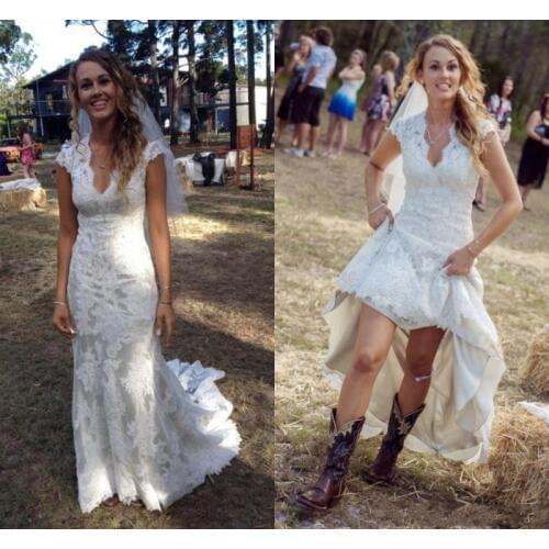 2020 Vintage Country Wedding Dresses V Neck Cap Sleeves Lace Wedding Dress Cowgirls High Low Backless Bridal Gowns