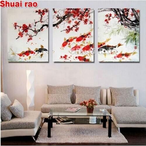Koi Plum diamond painting 3 Pieces set full square / round diamond embroidery Triptych daimond mosaic fish tree wall decor