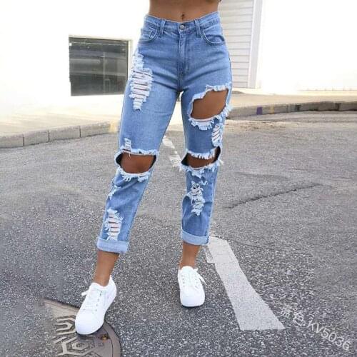 2021 New Pencil Pants Ripped Jeans For Women High Waist Cargo Pants Women Fashion Vintage Hole Mom Jeans Denim Trousers