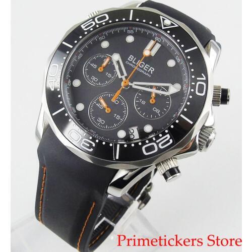 Black ceramic bezel 41mm quartz men watch sapphire glass chronograph date black dial rubber strap