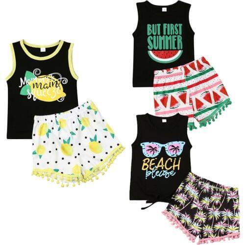 1-6Y Infants Baby Girls Kids Clothes Sets Sleeveless Tassel Fruit Flower Printing Vest Short Pants Summer Clothes