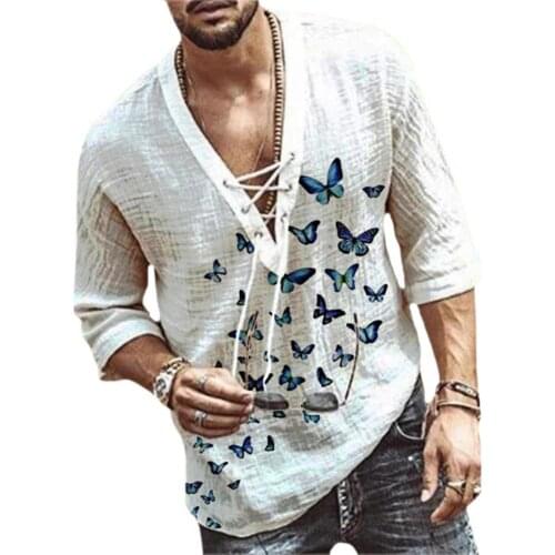 Breathable Fashion Thin Middle Sleeve Male T-shirt Top Summer Top Front Lace Up for Beach