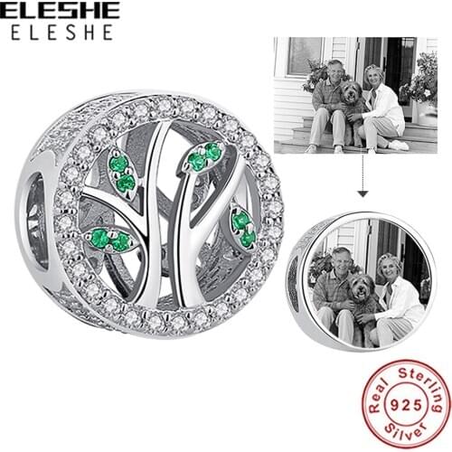 ELESHE 925 Sterling Silver Photo Custom Charm Life Of Tree Family Beads Fits Luxury Brand Bracelet DIY Women Jewelry Making Gift