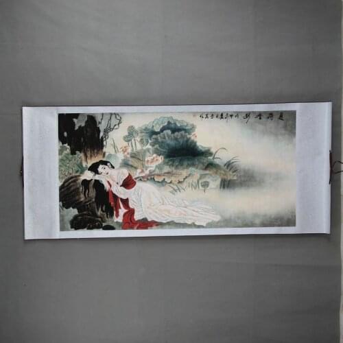 Chinese Old Antique Hand Painting Scroll Summer Beauty Lotus Leaf