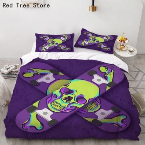 2-3pcs/set Skateboard Skull Printed Bedding Set Purple Quilt Duvet Cover Sets Pillowcase Bedroom Comforter Washable 3d Bedspread