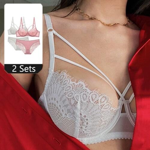 2 Piece Sets Deep V Transparent Bra And Panty Set For Women Sexy Lingerie Plus Size Push Up Embroidery Lace Underwear White Pink