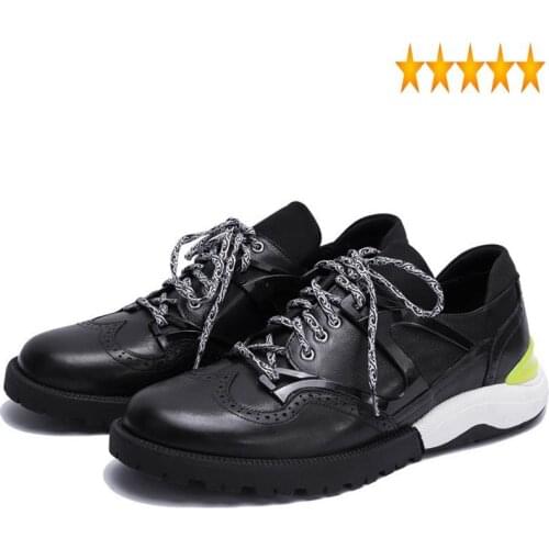 Genuine Fashion Mens Leather Casual Lace Up Thick Platform Joggers Sneakers High Quality Brand Wing Tip Trainers Shoes