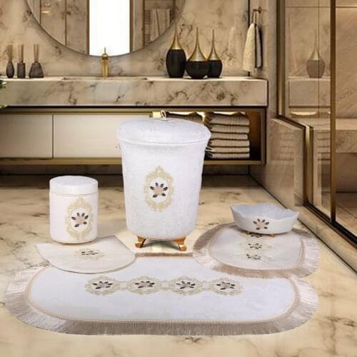 Bonny Home Shems White 6 Pieces Laundry Basket Set & Bath Mat Set Organizer Dirty Clothes Storage and Bathroom Rugs