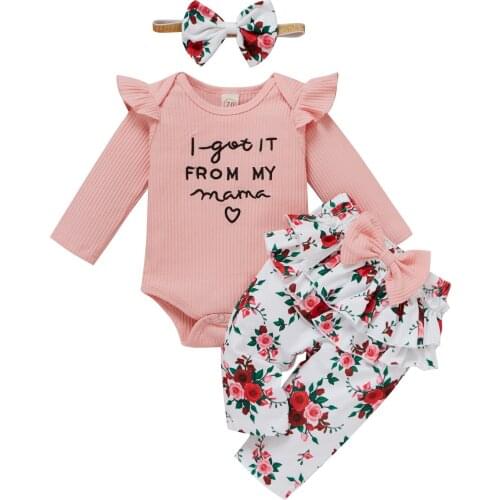 New Baby Girls Three-piece Clothes Set, Round Collar Romper, Floral Printed Pattern Pants and Headdress