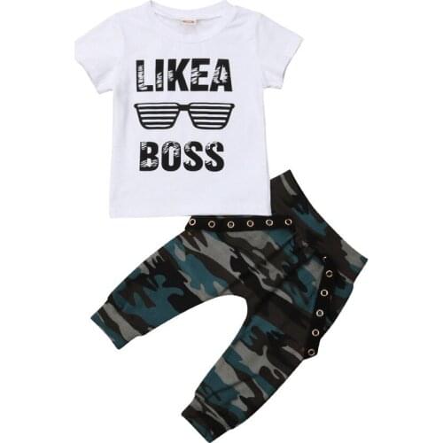 0-3Y Toddler Kids Baby Boy Clothes Short Sleeve Letter Cotton T-shirt Tops Camo Harem Pant Trouser 2PCS Summer Clothing Set