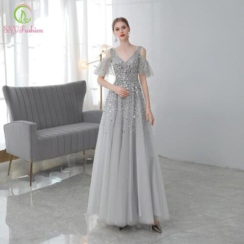 SSYFashion New Luxury Sequins Evening Dress Sexy V-neck Floor-length Beading Party Elegant Long Formal Prom Gowns for Women