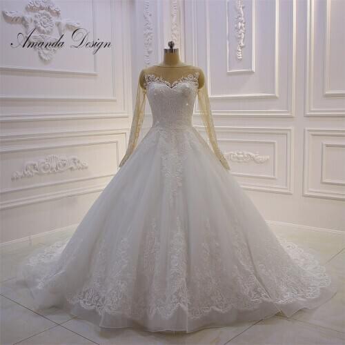 Amanda Design suknia slubna Long Sleeve Lace Appliqued Pearls Low Back Wedding Dress