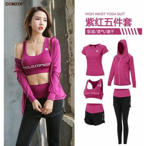 High waist pants+shorts+t shirt+bra+coats women yoga 5 pieces set fitness gym clothing outdoor sports running quick dry sets