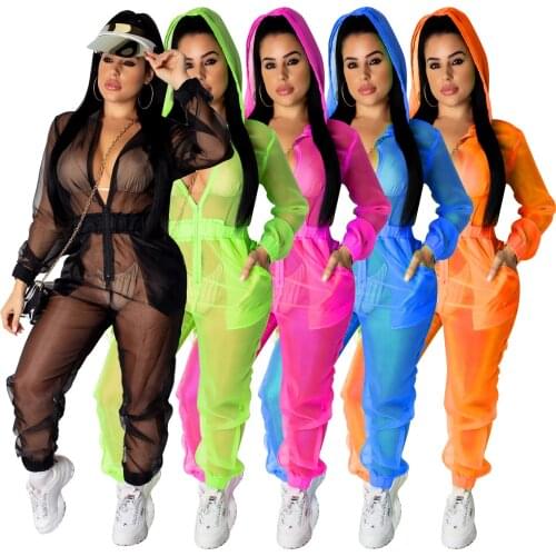 Echoine Fluorescent Sheer Organza V Neck Hooded Jumpsuit Zipper Long Sleeve Casual Loose Romper Women Sexy Night Club Overalls