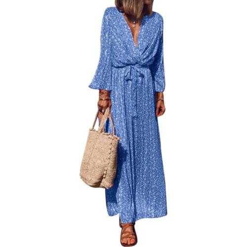 Summer dress Plus Size Women Bohemian Flower Print Deep V Long Sleeve Bandage Maxi Dress robe femme Womens Clothing 2021