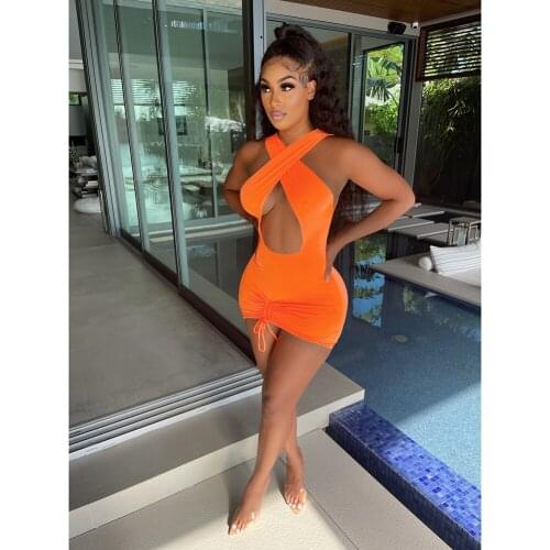 Women Sexy Party Club Dress Sleeveless Halter Neck Solid Color Cross Hollow Out Drawstring Mini Dress S/ M/ L/ XL/ XXL