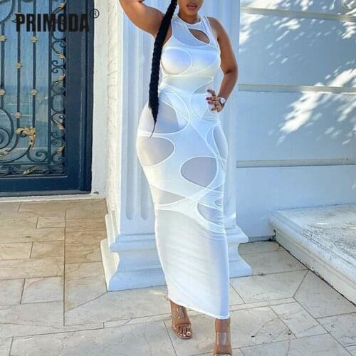 2021 Sleeveless O-Neck Solid Patchwork Mesh Maxi Dress Summer Spring Women Fashion Sexy Party Club Elegant Midi Clothings G2487