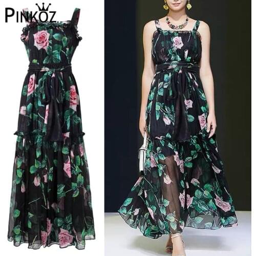 Pinkoz runway designer rose flower dark green spaghetti maxi dresses celebrity pleated sashes lace up pary dinner dresses chic