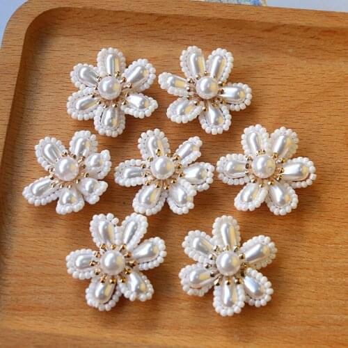 Handmade Woven Crochet Pearl Beading Flower Sticker Ornament Accessories Earring Necklace Bracelet Pendant Charms 10pcs 32mm
